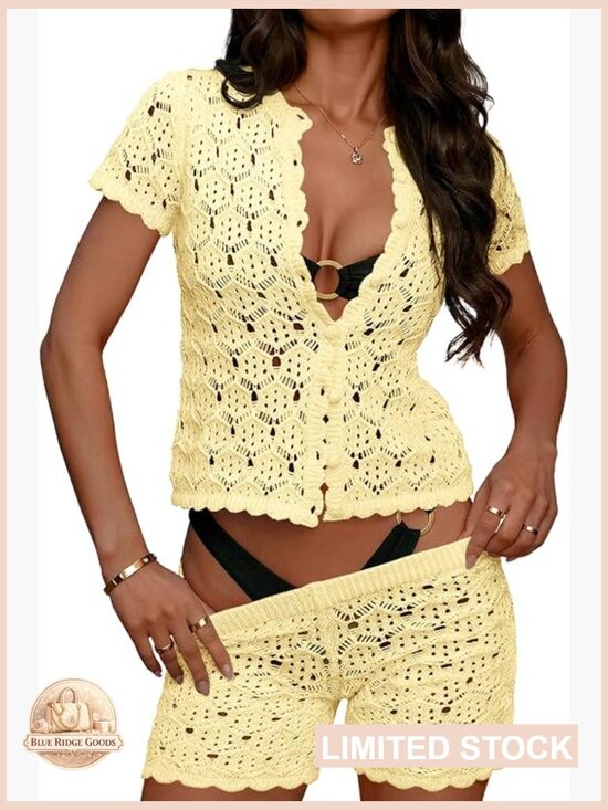 Other - Crochet Cover Up Set Y2K Chic Beach Shorts Button Crop Top Summer Swimsuit